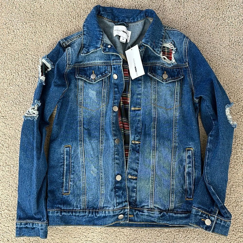 New distressed plaid denim jacket